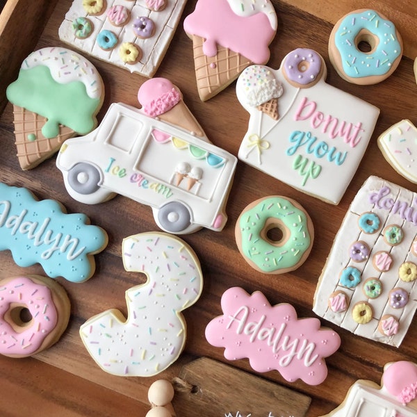 Personalized Sugar Cookies, First Birthday Decorated, Ice Cream Cone Dozen Cookies,Donut 1st Birthday Party Favor,Custom Cookies,Baby Shower