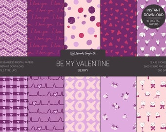 Be My Valentine Berry Hand-Drawn Digital Paper, Valentine Purple Seamless Background, Hand-Drawn Printable Valentine Paper 12x12