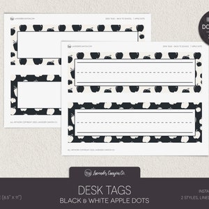 Back to School Desk Tags | Printable Classroom Name Plates | Black and White Polka Dot Apples | Classroom Decor | Student Desk Tag