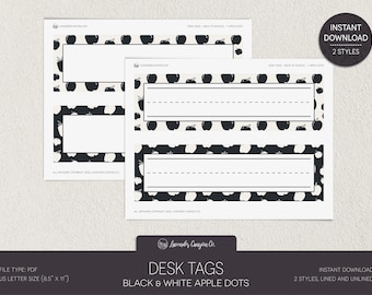 Etiquetas para nombres de pupitres escolares en blanco y negro / Manzanas y números / Decoración imprimible para el aula (descarga instantánea)