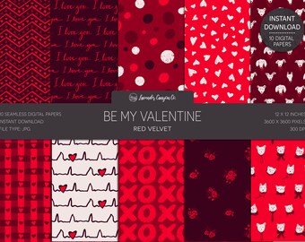 Be My Valentine Red Velvet Hand-Drawn Digital Paper, Valentine Red Seamless Background, Hand-Drawn Printable Valentine Paper 12x12