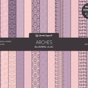Blushing Lilac Boho Hand-Drawn Rainbow Arch Digital Paper, Boho Arches Seamless Background, Papel digital imprimible púrpura y rosa