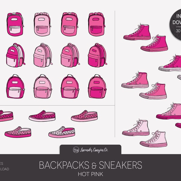 Back to School Hot Pink Sneaker and Backpack Clipart PNG, Pink Digital Hand-drawn Sneaker and Backpack Clipart