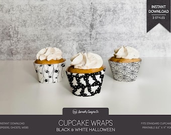 Black & White Halloween Cupcake Wrappers | Spooky Printable Party Decor (Instant Download)