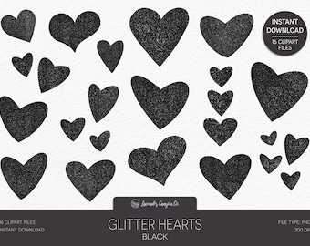 Black Glitter Heart Clipart, Hand-drawn PNG (Digital Download)