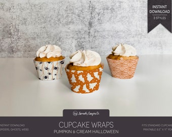 Pumpkin & Cream Halloween Cupcake Wrappers | Spooky Printable Party Decor (Instant Download)
