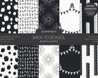 Back to School Black and White Digital Paper, Seamless Background, Printable Seamless Digital Paper