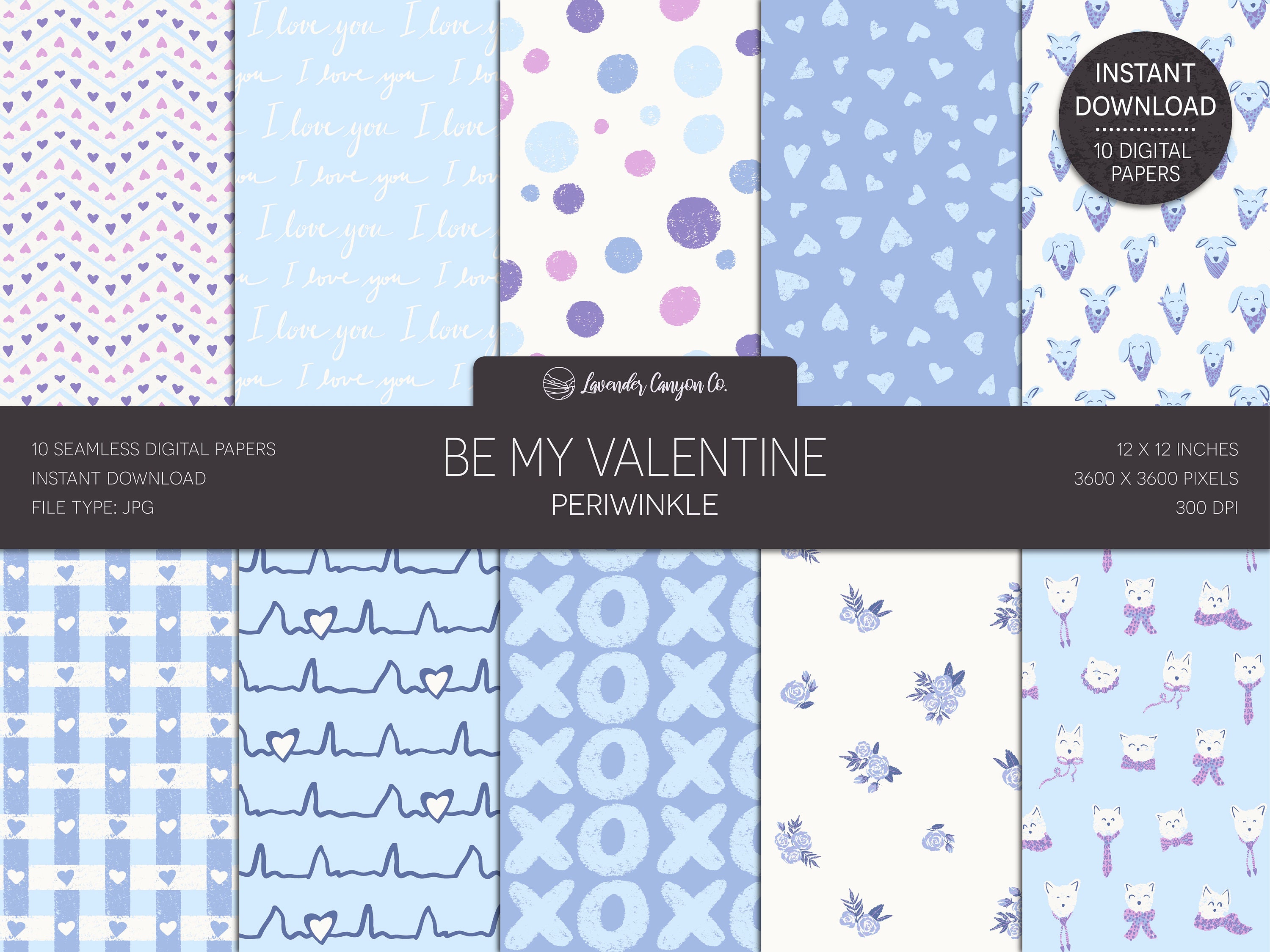 Be My Valentine Periwinkle Hand-Drawn Digital Paper, Valentine Purple & Blue Seamless Background, Hand-Drawn Printable Valentine Paper 12x12