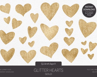 Gouden glitter hart clipart, handgetekende png (digitale download)