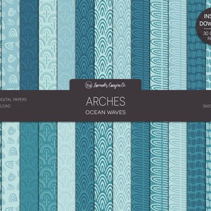 Papel digital arco-íris desenhado à mão Boho Ondas do oceano, fundo sem emenda de arcos Boho, papel digital imprimível azul e azul-petróleo