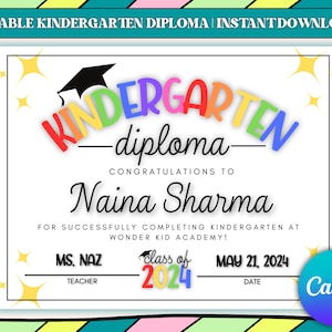 Editable Kindergarten Diploma Template, Instant Download, 2024 ...