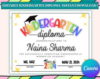 Editable Kindergarten Diploma Template, Instant Download, 2024 Kindergarten Graduation, Kinder Diploma, Graduation Certificate, K Diploma