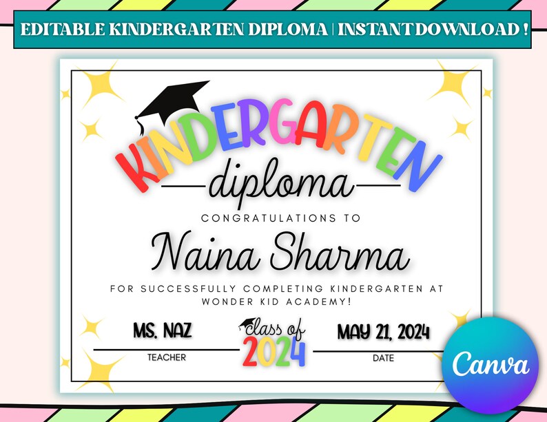 Editable Kindergarten Diploma Template, Instant Download, 2024 ...
