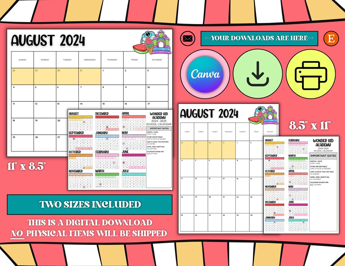 20242025 Editable School Year Calendar Printable Template Instant Download School Year Calendar