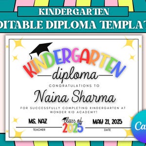 Bearbeitbare Kindergarten-Diplomvorlage, Sofort-Download, 2024-Kindergarten-Abschluss, Kinder-Diplom, Abschlusszertifikat, K-Diplom