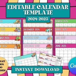 Puede incluir: Plantilla de calendario editable para los años 2024 y 2025. El calendario está diseñado en un estilo colorido y caprichoso con ilustraciones de flores, plantas y otros elementos de temática natural. El calendario está disponible en versiones retrato y paisaje.