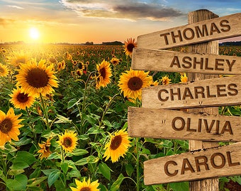 Personalized Sunflower Field Canvas: Family Name Wooden Sign