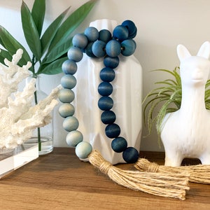 Blue Ombre Wood Bead Garland with Jute Tassels | Hand-Dyed