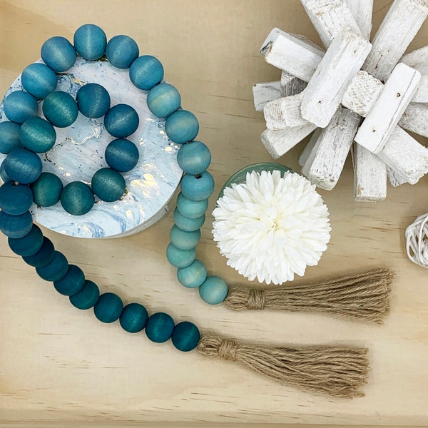 Teal Ombre Wood Bead Garland with Jute Tassels | Hand-Dyed