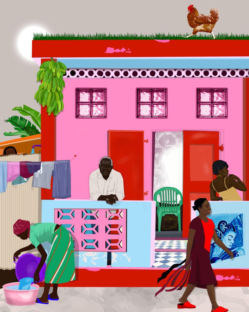 May include: An illustration of a pink building with red trim, featuring a man on a balcony and a woman walking. A chicken is on the roof. Other figures are present, including a woman washing clothes. The scene is set in a sunny environment.