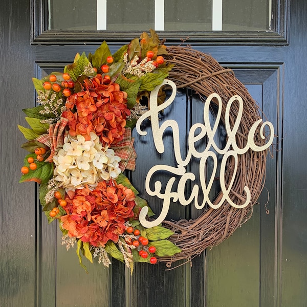 Hello Fall Wreath for Front Door, Autumn Wreath for Front Door, Fall Hydrangea Wreath, Fall Hi Wreath, Autumn Hi Wreath, Thanksgiving Wreath