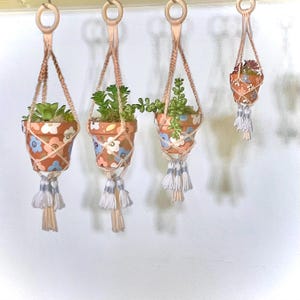 Pode incluir: Quatro suportes de plantas de macramé pendurados com vasos de terracota e pequenas plantas verdes. Os vasos são pintados com um padrão floral em tons de rosa, azul e marrom.