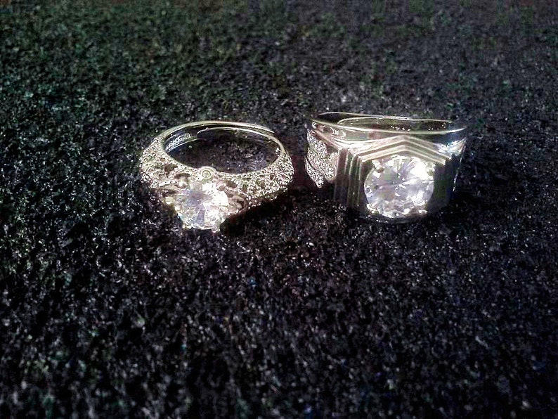 10 pairs of different couple ring eternity faux diamond band replica classic wedding anniversary rings perfect for traveling simple dainty.