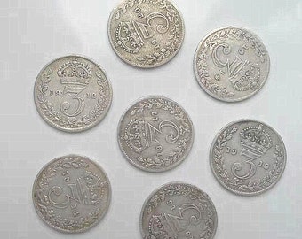 Old King George V British silver coins.three pence  coins.coins are gifts for mother's day and father's day.also  for teachers and elders