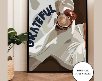 May include: A digital illustration of a person wearing a white sweatshirt with the word "grateful" printed in blue on the front. The person is holding a cup of coffee with steam rising from it.