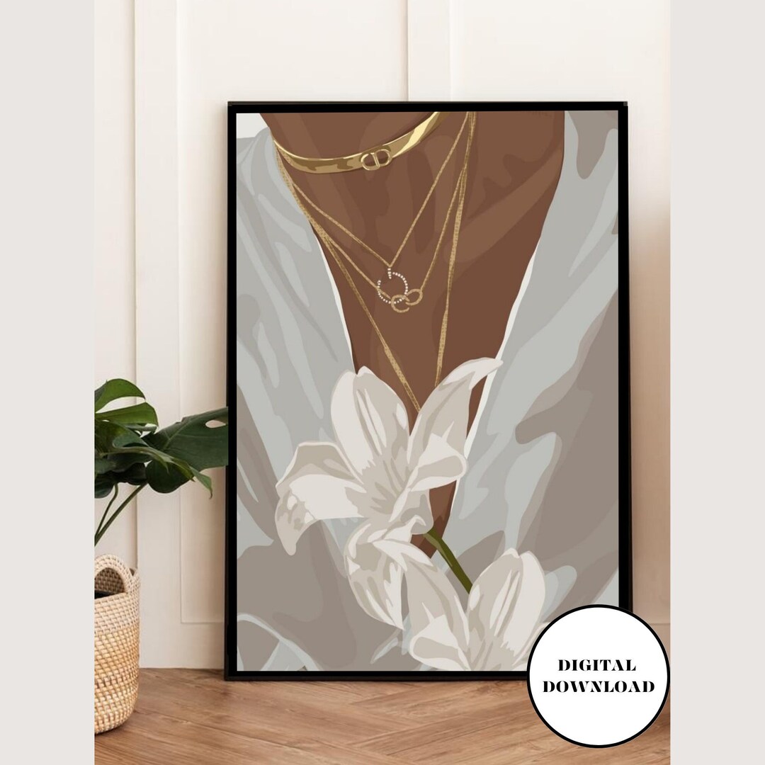 Black Girl Printable Wall Art, Black Girl Art, White Flower Art