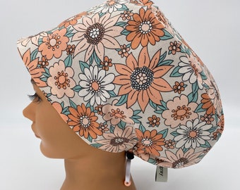 Laney, Women's Euro Scrub Cap, Cute Peachy Boho Floral Surgical Hat