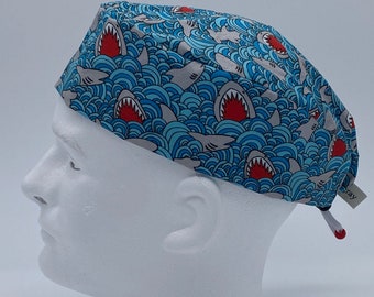 MENS Scrub Cap, Shark, Surgical Hat, guys scrub cap, funny scrub cap, graycapco, Surgeons Scrub Cap