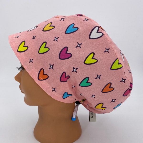 Fancied, Women's Valentines Peachy Colorful Hearts Euro Scrub Cap, Operating Room Surgical Hat