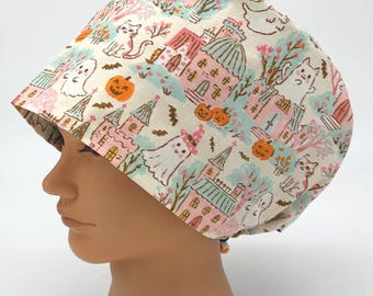 Pastel Halloween Cottagecore Scrub Cap | Whimsical Ghost And Cat Women’s Euro  Hat | Spooky Cute Storybook Scrub Cap, Cottage Boo Bloom