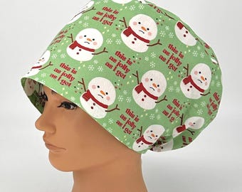 Funny Christmas Scrub Cap Women's Euro Surgical Hat With Jolly Snowman, Wren