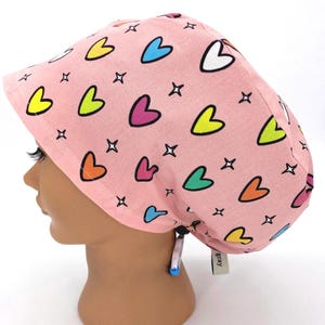 Women's Euro Scrub Cap | Peachy Operating Room Surgical Hat With Colorful Hearts | Valentines  | Fancied