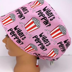 Funny Scrub Cap Womens Euro Surgical Hat, Cute Pink With Popcorn For Nurse Scrub CRNA Surgeon Veterinary Dental, What’s Poppin