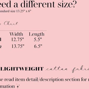 May include: Size chart for a lightweight cotton fabric tote bag. The standard size is 13.25 inches by 6 inches. The chart shows the width and length of the small and large sizes.