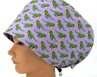 Different size NOT available, Funny Dinosaur Taco Scrub Cap Womens Purple Euro Surgical Hat, For Nurse Scrub CRNA Surgeon, T-Rex Dino