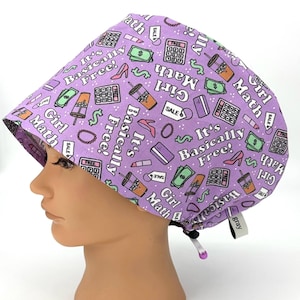 Funny Scrub Cap Women’s Euro Medical Surgical Operating Room Hat Cute Purple With Coffee Calculator Lipstick Money, Mathing