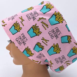 Funny Scrub Cap Cute Pink Women&#39;s Euro Surgical Hat For Nurse Scrub CRNA Surgeon Veterinary Dental, Fries First