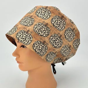 Women's Euro Scrub Cap, Surgical Hat With Fall Cheetah Pumpkins, Fall Vibes