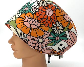 Halloween Boho Floral Scrub Cap; Women’s Ghost Euro Surgical Hat; Dahlia