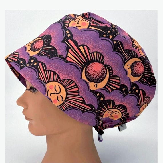 Cute Celestial Scrub Cap Womens Euro Surgical Hat With Sun And Moon For Nurse CRNA Scrub  RNFA Surgeon, Esme