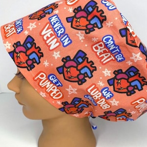 Different size NOT available, Funny Scrub Cap Women&#39;s Euro Surgical Hat With Anatomical Hearts For Nurse Scrub CRNA Surgeon, Heart Fun
