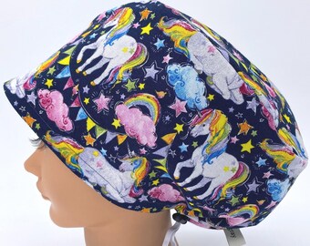 Different size NOT available, Women's Euro Scrub Cap With Unicorns And Rainbows, Unibows