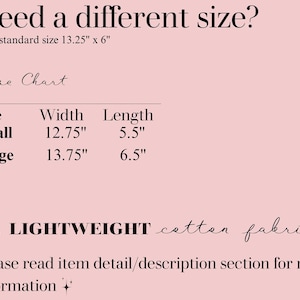 May include: Size chart for a lightweight cotton fabric tote bag. The standard size is 13.25 inches by 6 inches. The small size is 12.75 inches by 5.5 inches. The large size is 13.75 inches by 6.5 inches.