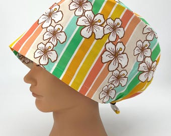 Women's Euro Scrub Cap, Hawaiian Vibes Surgical Hat With Flowers And Stripes, For Nurse Scrub CRNA Surgeon, Lani