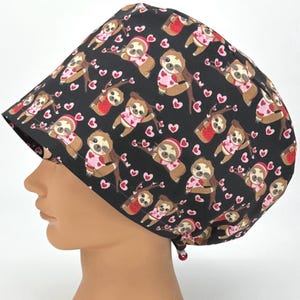 Cute Valentines Day Scrub Cap Womens Euro Surgical Hat With Sloths And Pink And Red Hearts, Cuddles