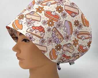 Gorro quirúrgico navideño con diseño de postre / Gorro quirúrgico europeo para mujer con estampado de tarta y tarta de queso, ideal para otoño, Acción de Gracias y Navidad. Coco